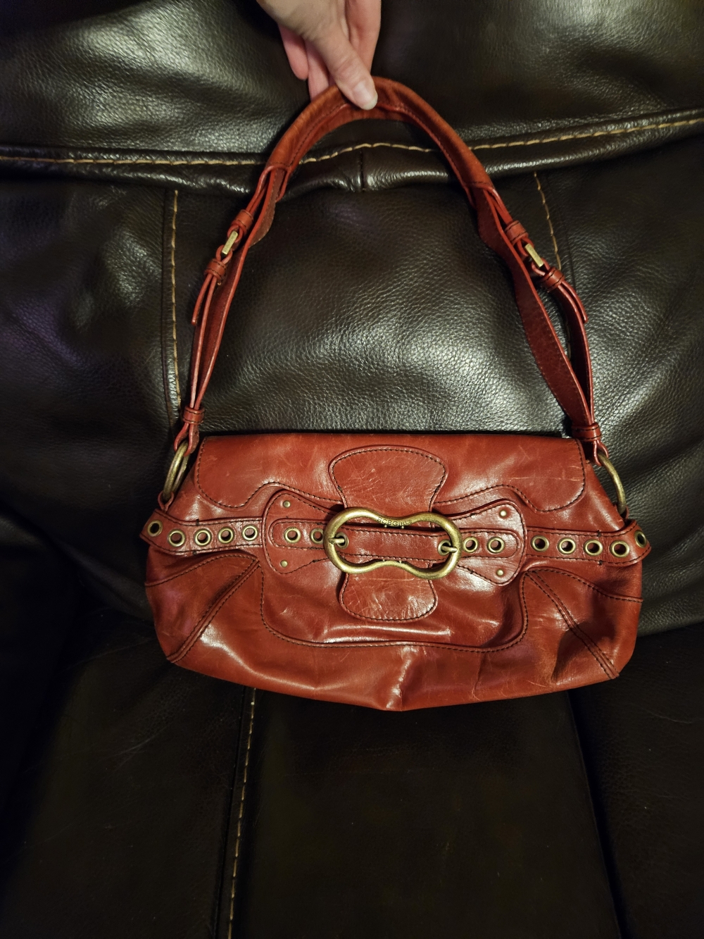 BCBGirls Rust Red Leather Shoulder Bag with Brass Accent